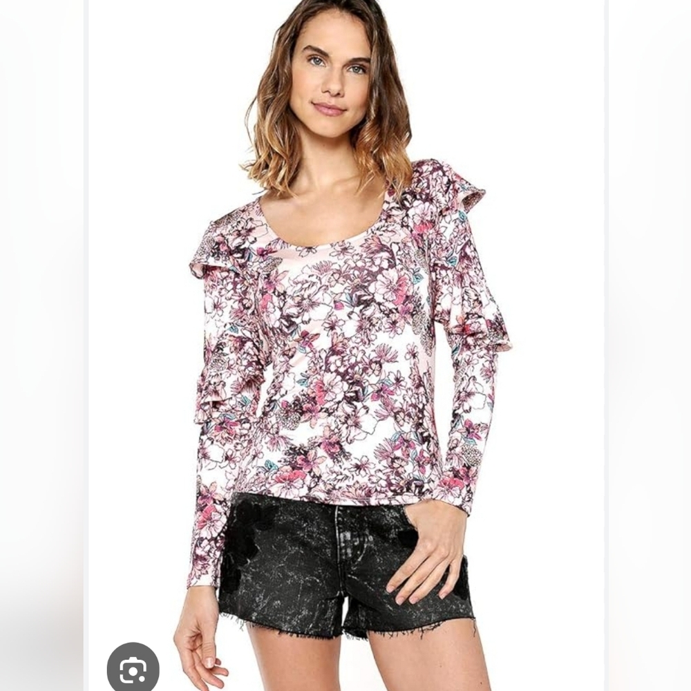 Guess Floral Ruffled Top blouse Pink Long Sleeves Scoop Neck Size L Romantic*
